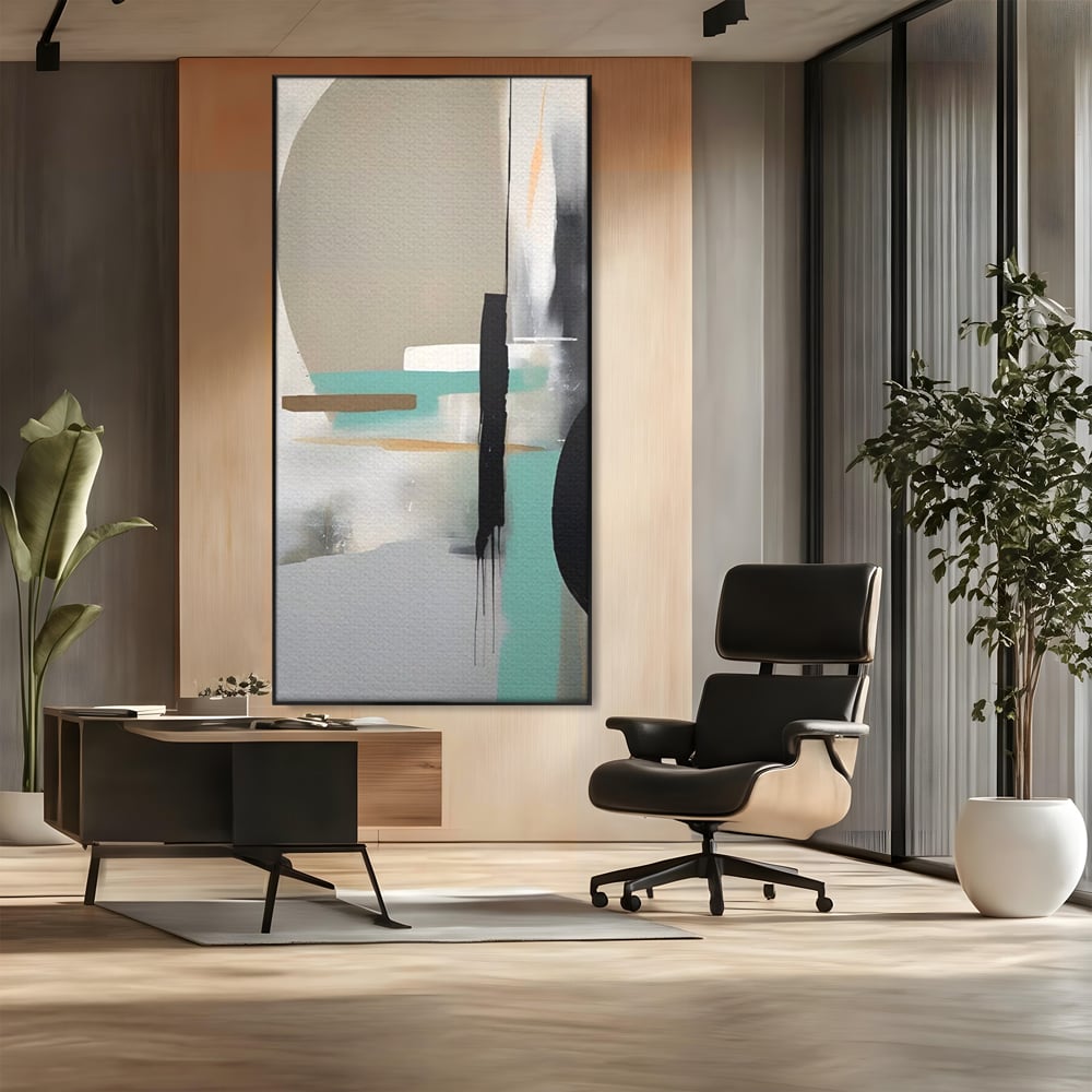 Tablou canvas cu tablou canvas cu forme abstracte, in rama de aluminiu negru, pe perete intr-un birou